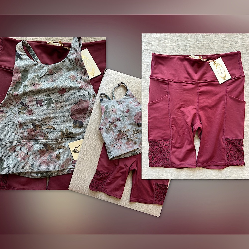 🌺Joyfolie Renata Bike burgundy shorts w Lace and Celina Bra in Heathered Floral